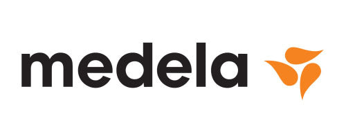 Medela logo with black text and orange leaf on a white background